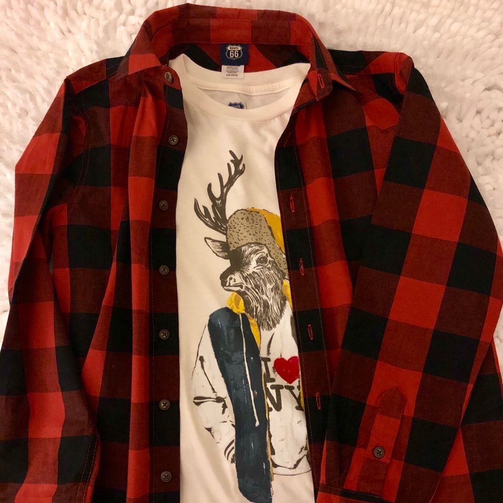 Plaid Button-Down Long Sleeve Shirt Set
